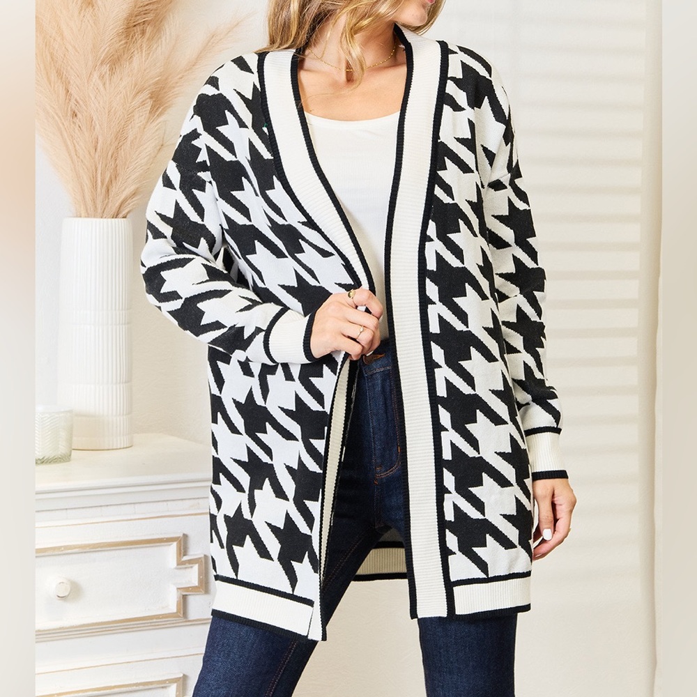 NEW Woven Right Black & White Houndstooth Open Front Longline Cardigan Sweater
